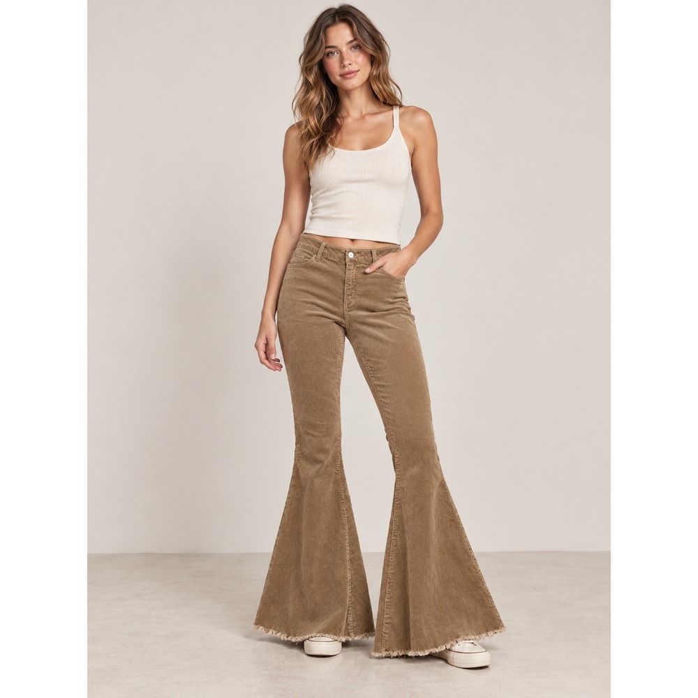 Versona Modern Tan Corduroy Flare Pants Dramatic Bell Bottom Raw Hem Size 8